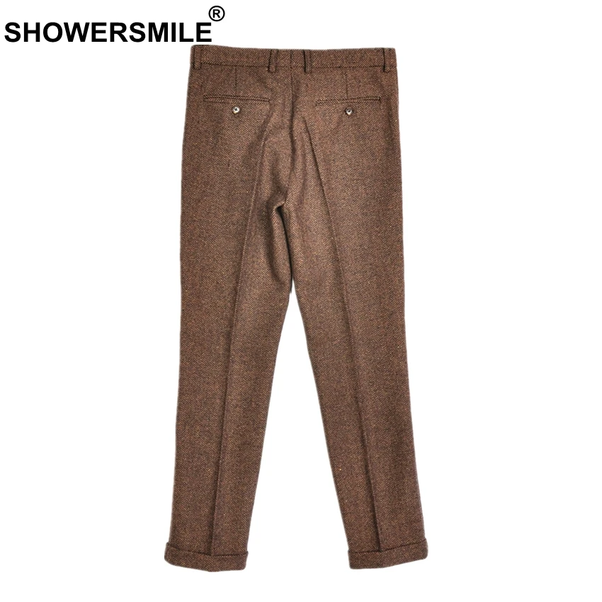 SHOWERSMILE серые шерстяные брюки с узором в елочку, мужские брюки, теплые толстые осенние зимние шерстяные твидовые классические ретро брюки, английский стиль