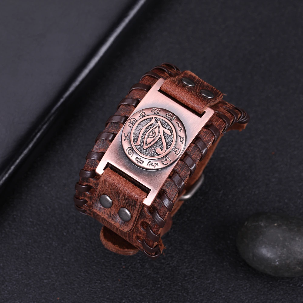 Dawapara Eyes Charm Genuine Leather Bracelet Bangles For Men's Wide Adjustable Antique Bronze Bracelets Men Jewelry | Украшения и