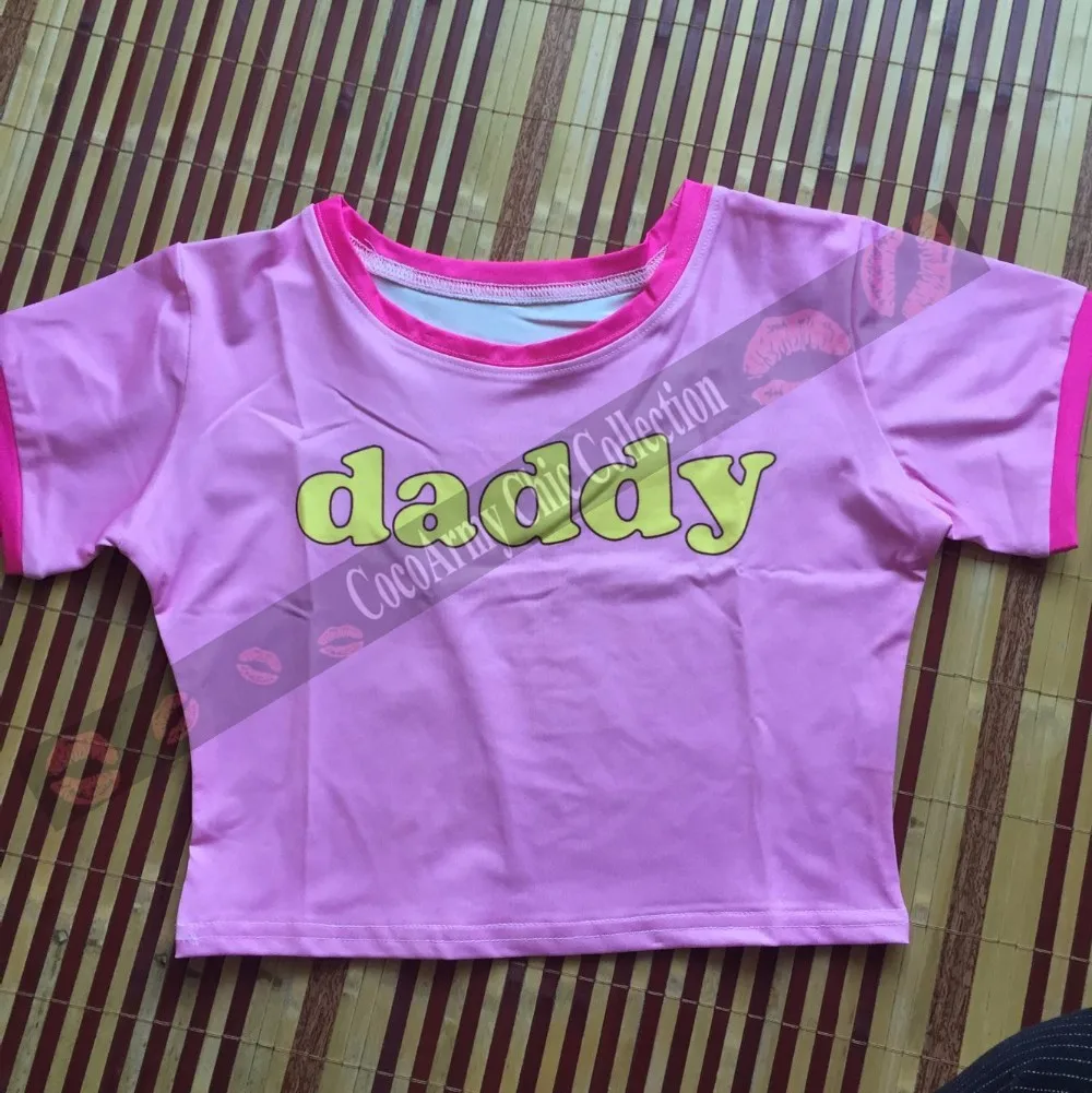 Летняя Сексуальная японская футболка с надписью Kawaii Daddy, контрастный укороченный топ, облегающая футболка, короткая футболка для тренировок, укороченная розовая Корейская тонкая футболка