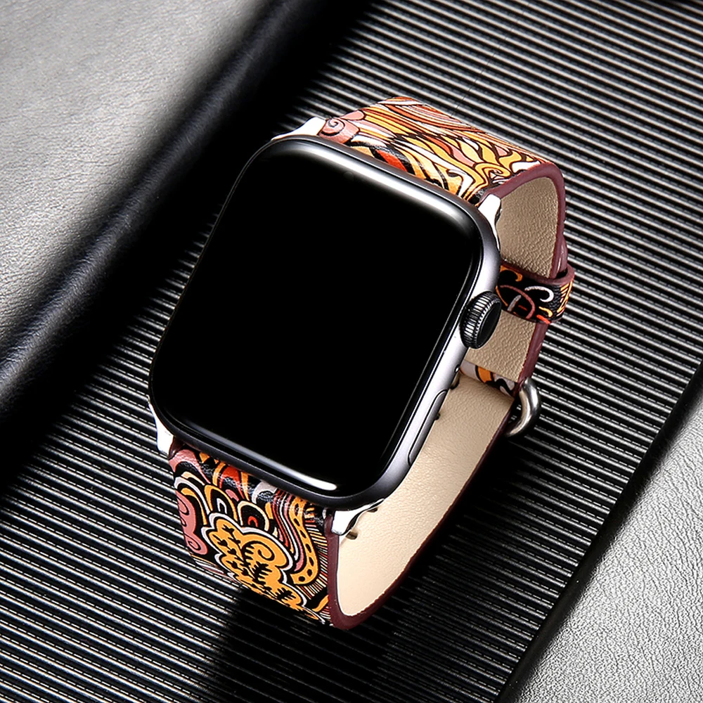 С цветочным принтом кожаный ремешок для apple watch 4 полосы 44 мм 40 мм, correa apple watch 42mm 38 мм iwatch серии 4/3/2/1 ремешок Пояс