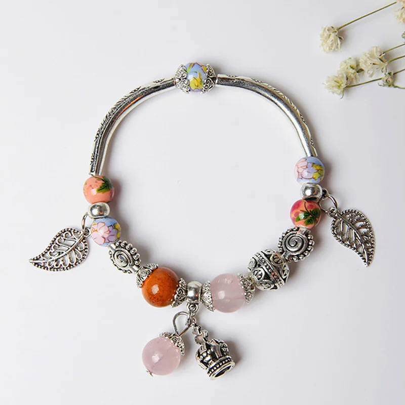 Charm Bracelet &amp Bangle Antique Silver Color Beads Leaf Crown Pendant Party Jewelry Gift For Women Girl | Украшения и