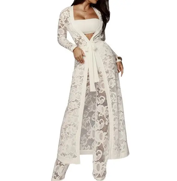 Женский кружевной комплект из двух предметов длинное пальто и широкие брюки