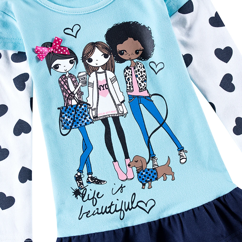 JUXINSU Toddler Girls Cotton Long Sleeve Dresses Three Stylish Little Cartoon Autumn Winter Girl Casual Dress for 1-5 Year | Детская