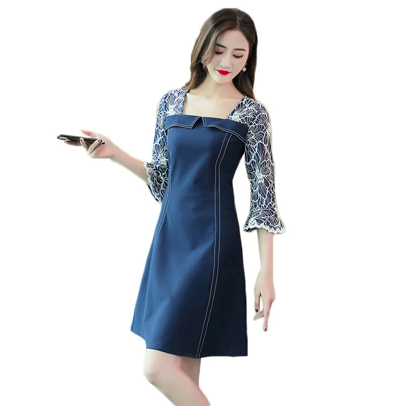 cowboy blue dress 5XL винтажные платья джинсовые Лоскутные Большие размеры женские платья элегантные весенние квадратные воротнички рукав семь четвертей платье f081 - Цвет: cowboy blue dress