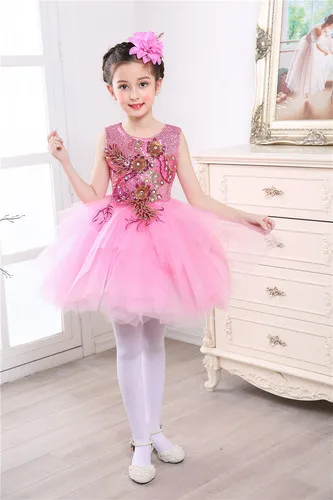 Pink sequin Новое платье для танцев с блестками костюм с цветочным рисунком розовые платья принцессы для мальчиков и девочек лохматая газовая балетная пачка для латиноамериканских танцев, детский костюм для выступлений - Цвет: Pink sequin