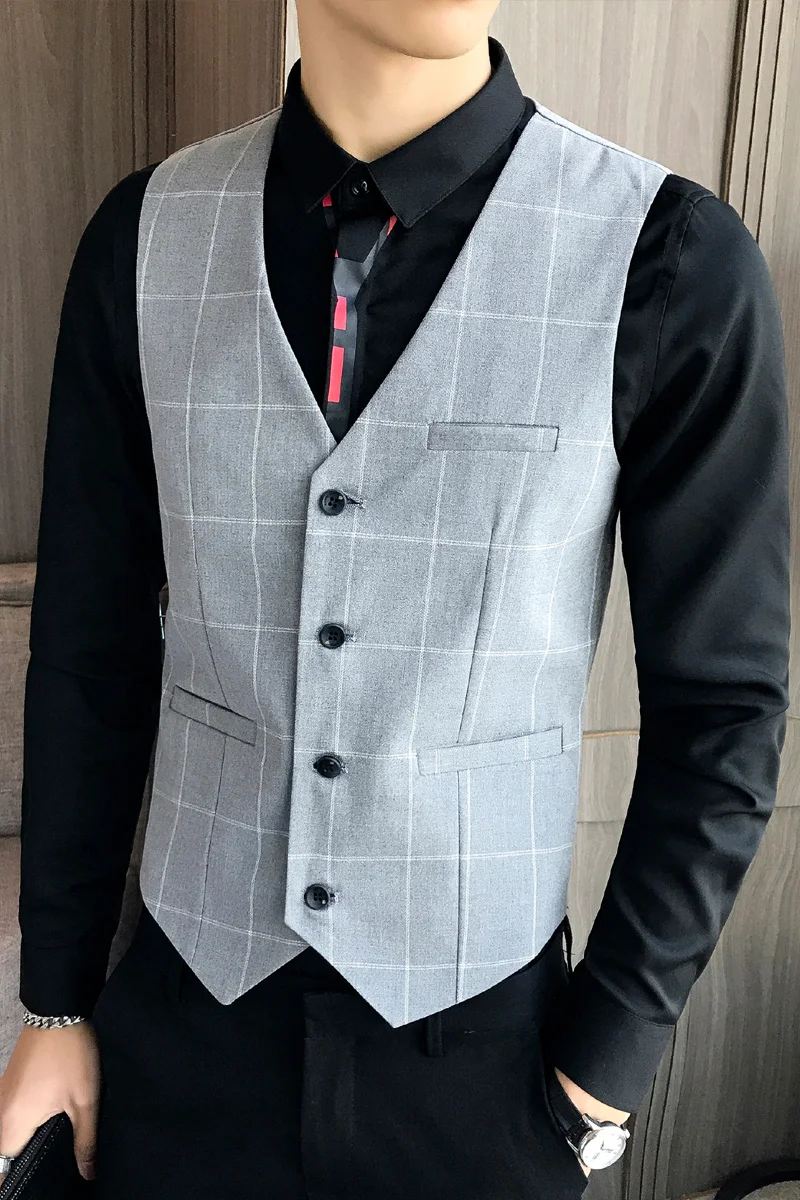 

Men'S Fashion Trend Short V-Neck Single-Breasted Slim Suit Vest Party Casual Wedding High-Quality Plaid Vest