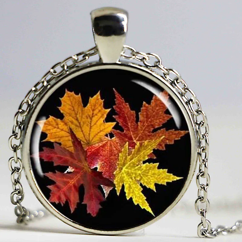

Fall Leaves Necklace, Fall Season Pendant, Resin Picture Charm, Autumn Jewelry, Round Bronze,Autumn Season Gift
