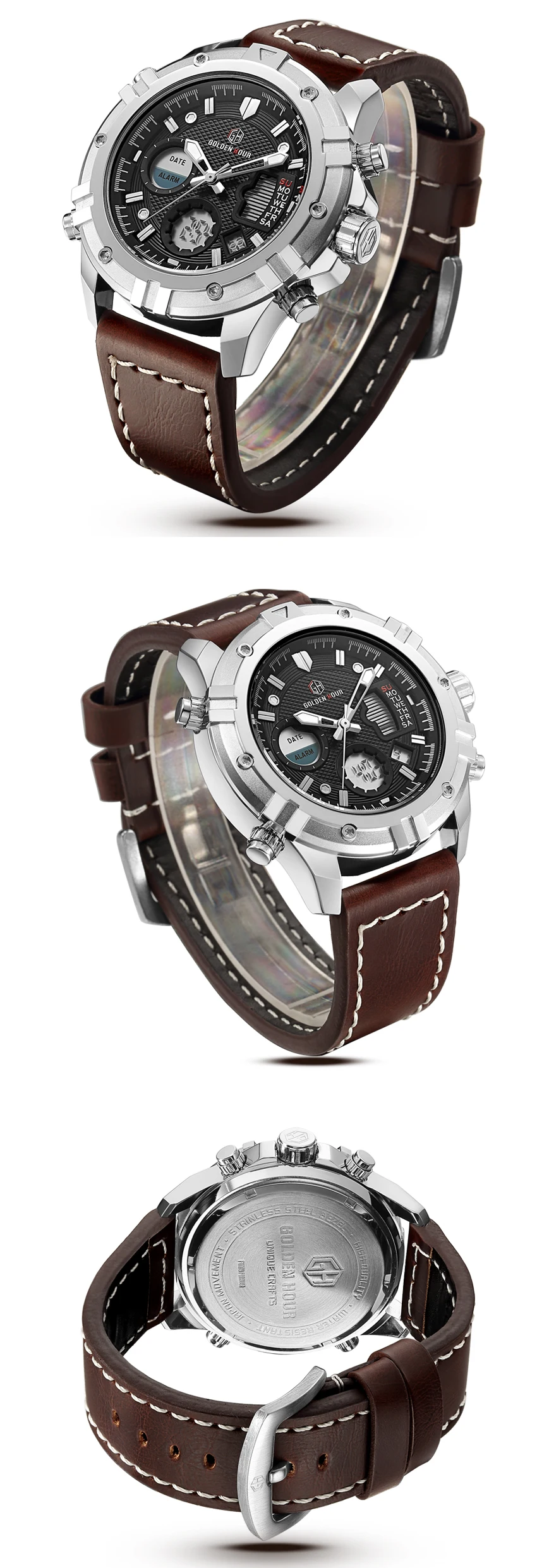 Relogio Hombre GOLDENHOUR кожаные спортивные мужские часы Автоматические цифровые военные кварцевые мужские наручные часы Relogio Masculino