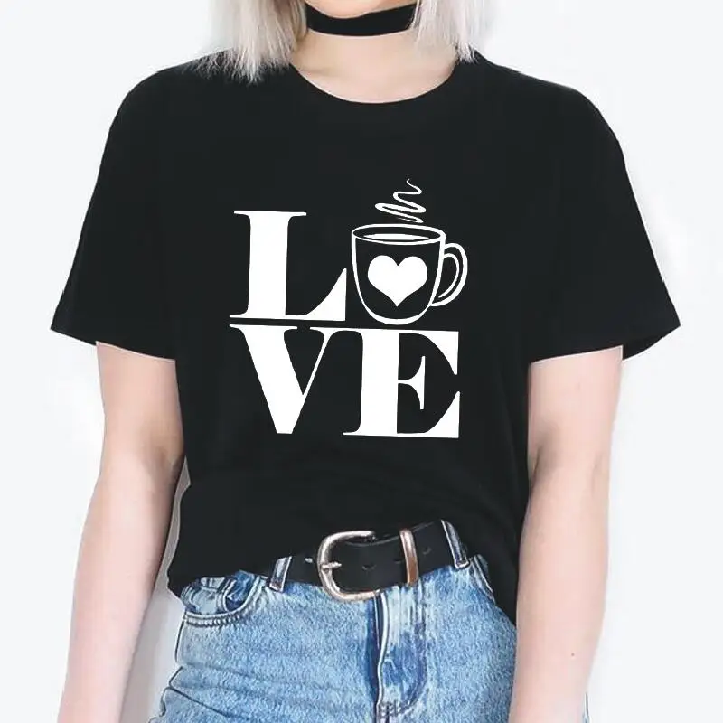 

Модная женская футболка с принтом Love Heart, подарок на день Святого Валентина, футболка с кофейной чашкой, футболка Harujuku, женские топы