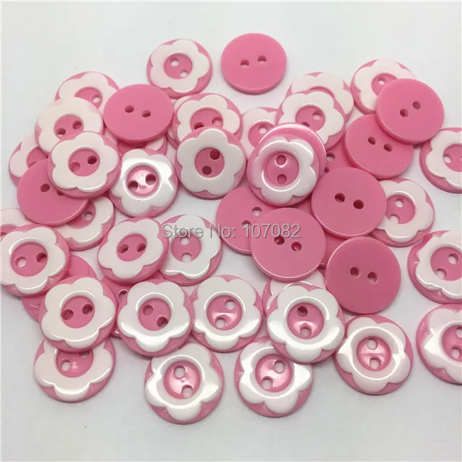 

100pcs 13mm Pink with White Flower Two-tone Resin Buttons Round 2-hole Sewing Accessories for Scrapbooking