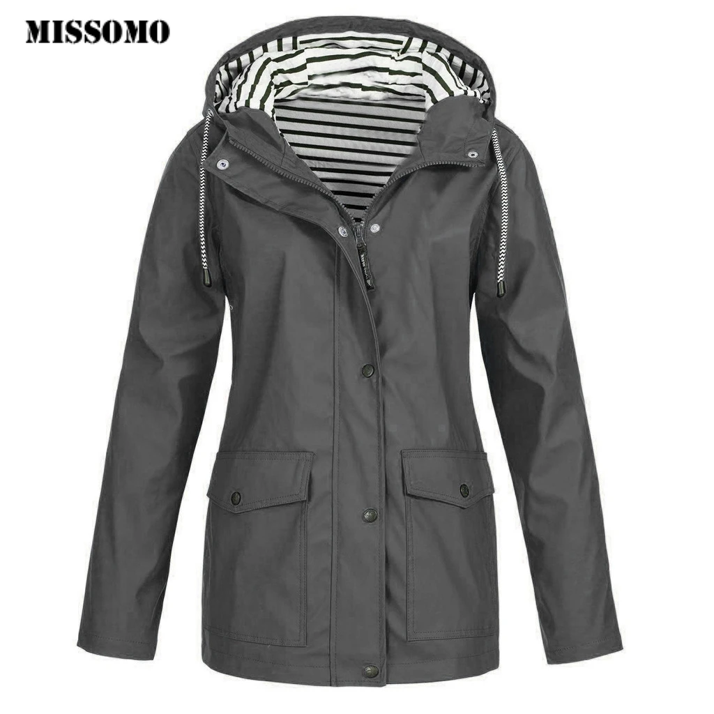 Темно-серый MISSOMO 5XL, женские зимние куртки, пальто, теплые, одноцветные, дождевик, для улицы, плюс, водонепроницаемый, с капюшоном, плащ, ветрозащитный - Цвет: Темно-серый