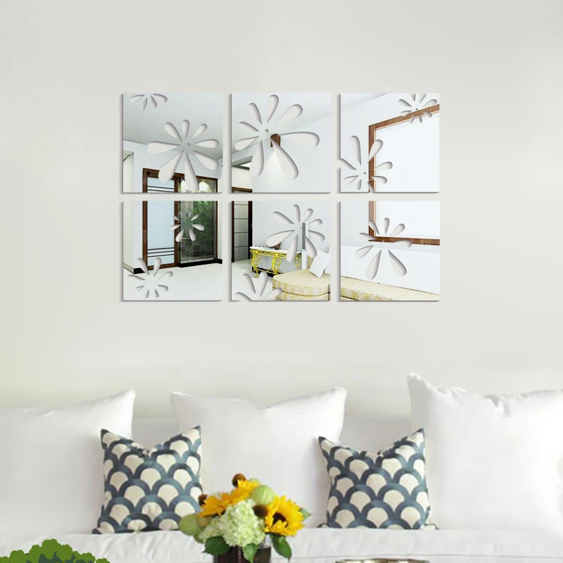 6 шт./компл. акриловые зеркальные настенные наклейки с разбитым цветком домашний