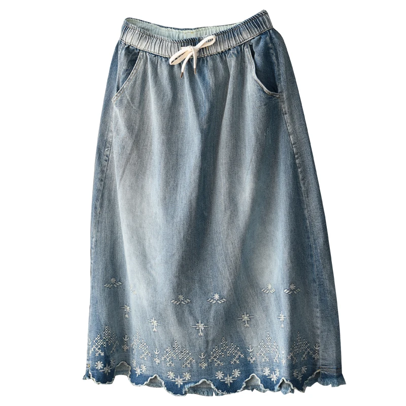 Летняя юбка в стиле ретро Женская длинная джинсовая с эластичной резинкой на