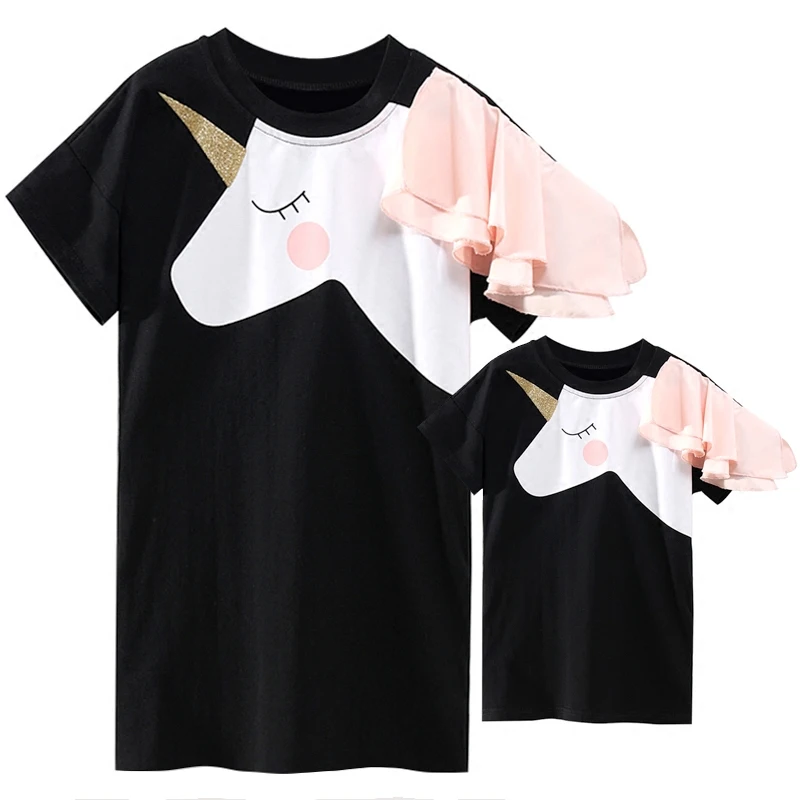 Хлопковая семейная одежда с единорогом платья вышивкой и оборками для мамы дочки