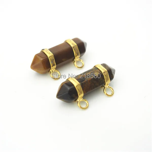 

Tiger Eye Stone Double Terminated Point Pendant with Gold Or Silver Electroplated Edging PM887