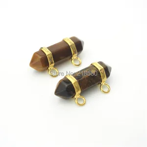 Tiger Eye Stone Double Terminated Point Pendant with  Gold Or Silver Electroplated Edging PM887