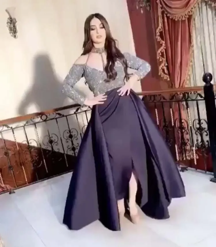 

New Arrival Vestidos De Formature High Collar Sequin Lace Long Sleeve Pleated Prom Dresses with Overskirt
