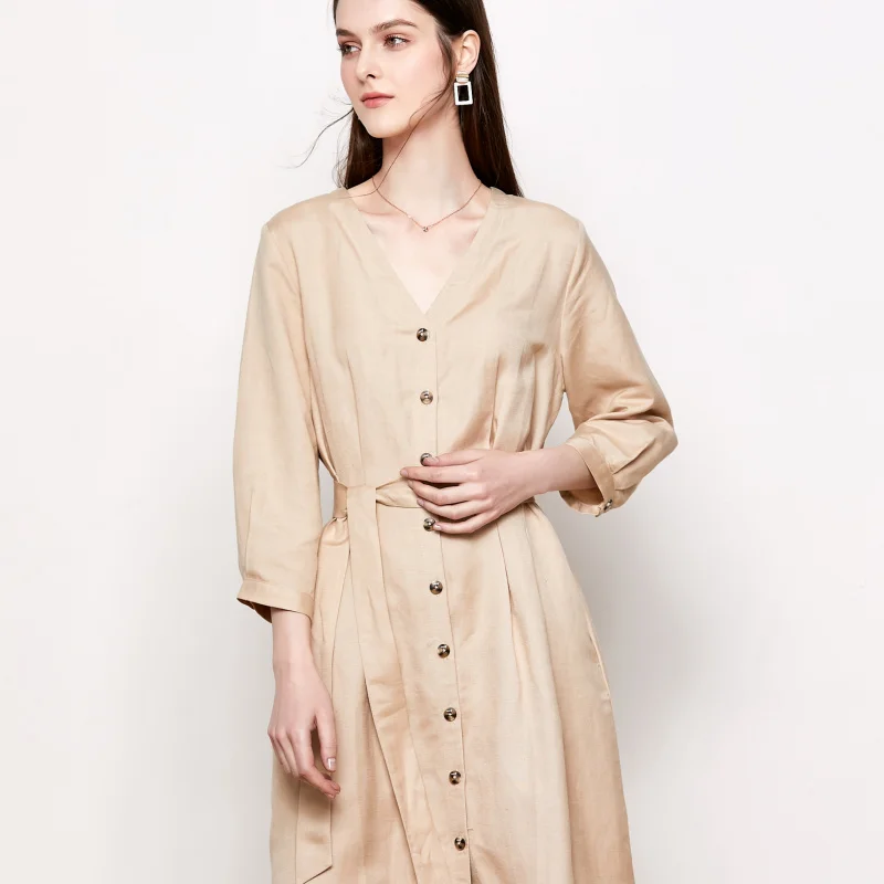 Платье женское ТРАПЕЦИЕВИДНОЕ из шелка и льна с V образным вырезом поясом|print