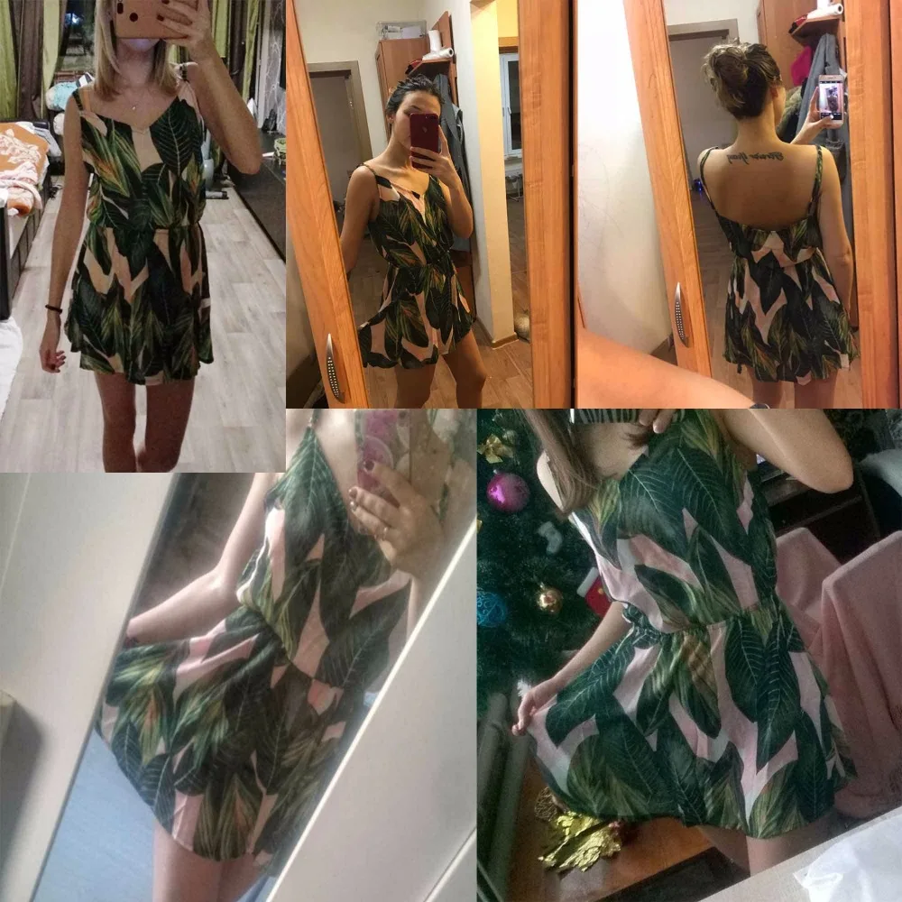 ZAFUL Пляжное платье для женщин Мини-летнее платье с принтом листьев без рукавов с V-образным вырезом Тонкий с эластичным поясом Платья Сарафан