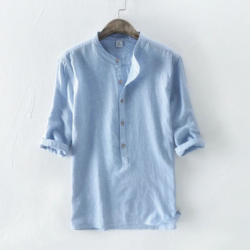 

New designer men's three-quarter sleeve striped linen cotton shirt brand casual shirts for men stand collar top mens camisa