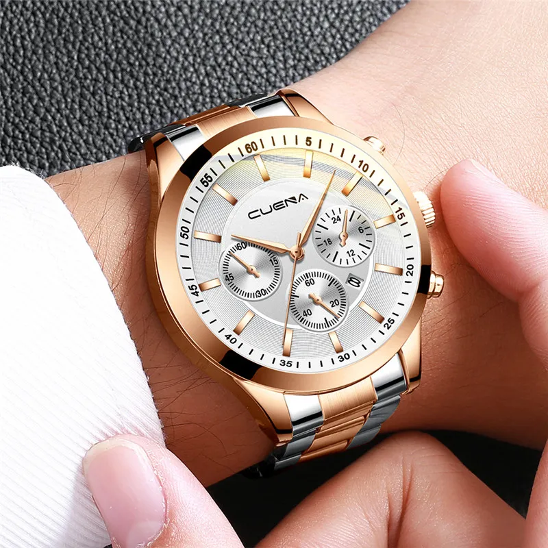 CUENA мужские деловые часы со стальным ремешком золотые серебристые черные