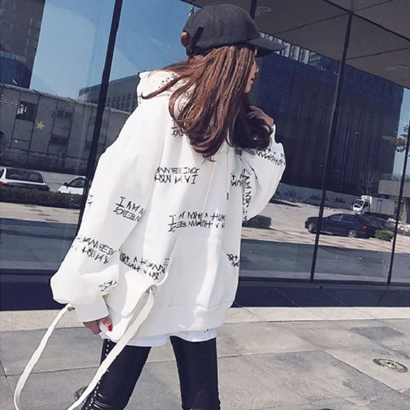 

Letter Print Casual Hoodies Sweatshirt Women 2018 New Winter Fleece Hooded Pullover Thick Loose Women Casual Clothes