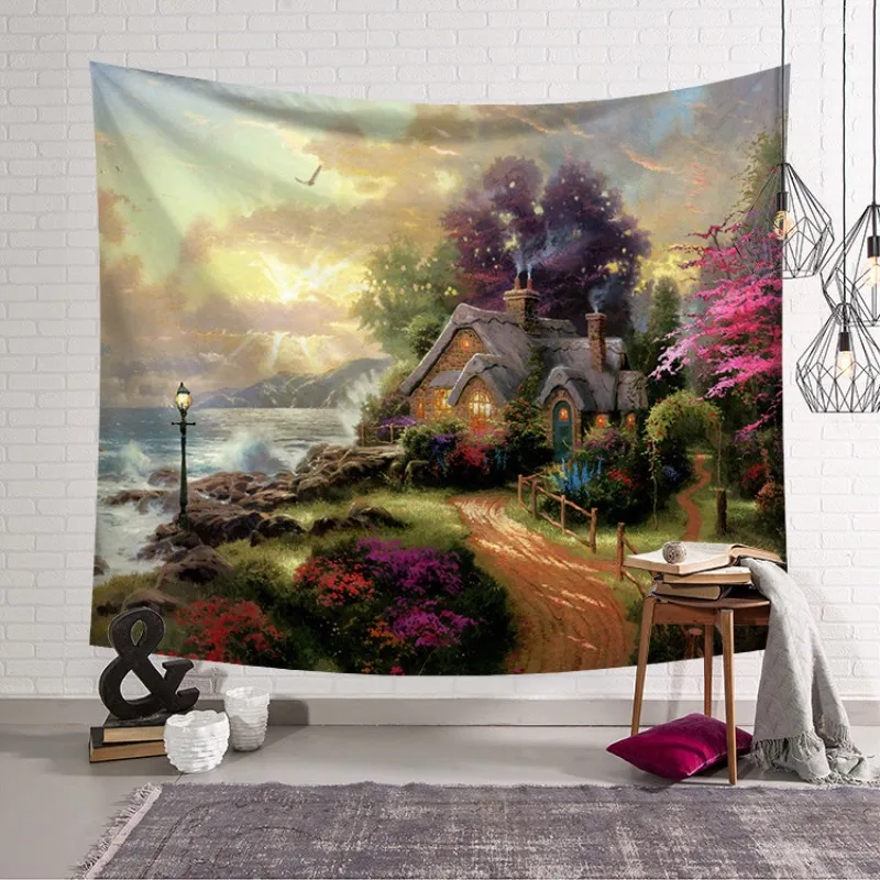 Природа пейзаж стене висит гобелен лесной домик с тентуре росписи Пикник Одеяло