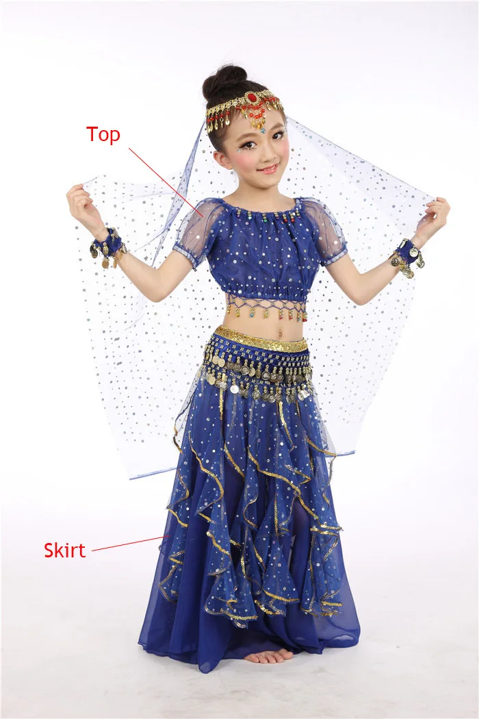 Dark Blue 2pcs 6 шт./компл., детский костюм для танца живота, Индийские танцы, платье, комплект, одежда для выступлений для маленьких девочек, бальное платье для детей 95-155 см - Цвет: Dark Blue 2pcs
