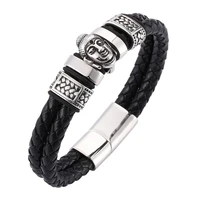 punk buddha bracelet men trendy jewelry black braided leather bracelet handmade stainless steel magnetic clasp wristband sp0059