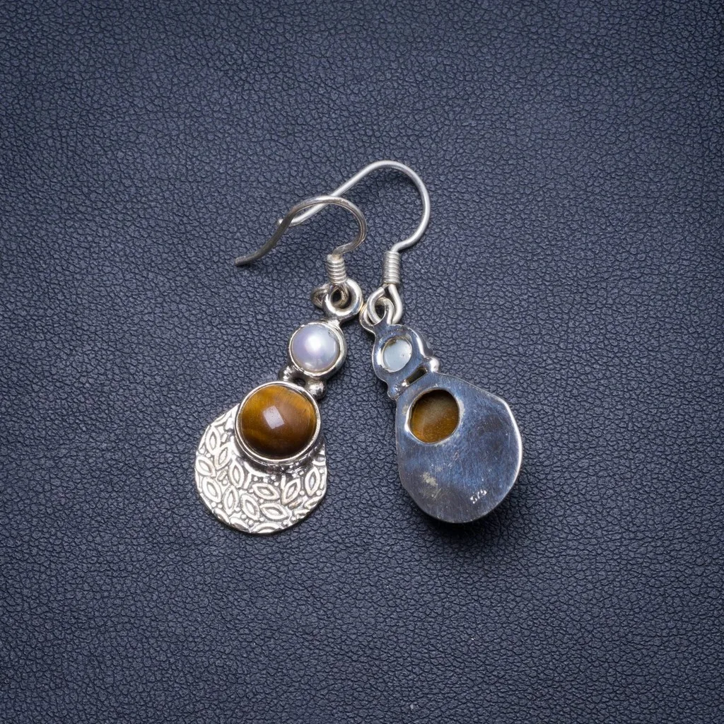 Natural Tiger Eye and River Pearl Handmade Unique 925 Sterling Silver Earrings 1.5&quot X4708 | Drop