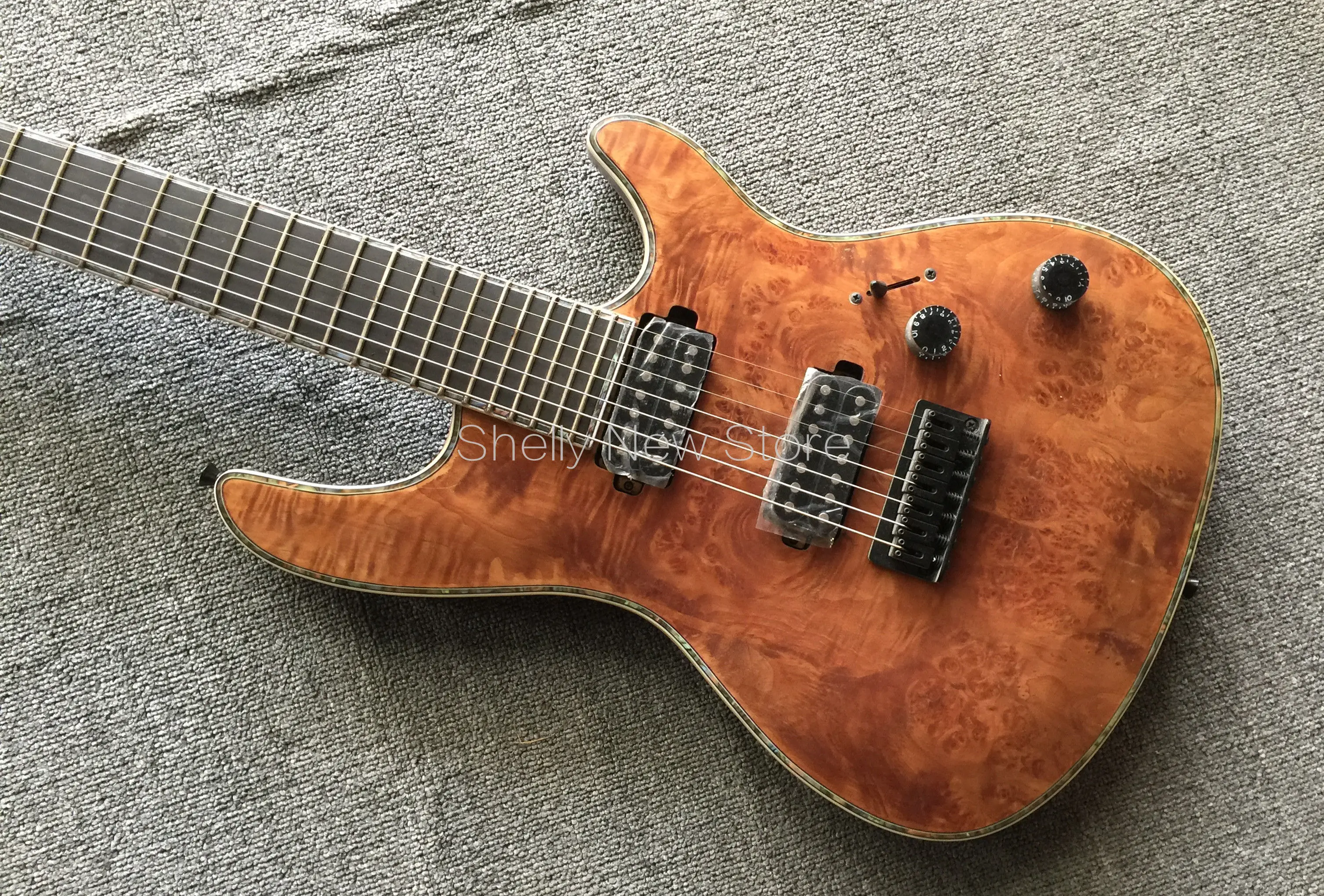 Shelly магазин Фабрика Пользовательские burl клен тело шеи через Mayones Regius 7 Струны черный Блокировка тюнеры электрогитары