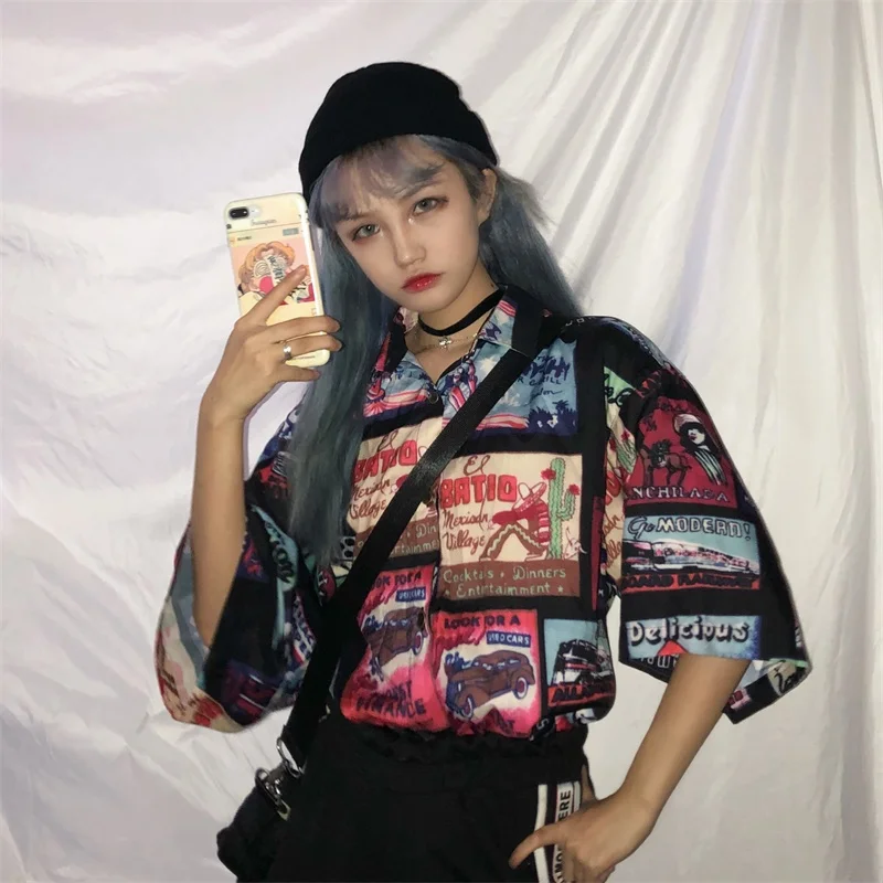 Женские рубашки, простые, подходят ко всему, хип-хоп, Harajuku, трендовые, корейский стиль, свободные, с принтом, женские, для отдыха, однобортные, женские блузки