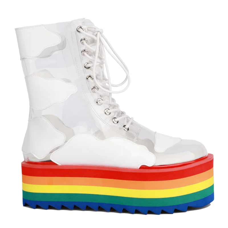 

Europe and the United States new rainbow bottom transparent PVC leather catwalk thick platform cake feet bare lacing boots women