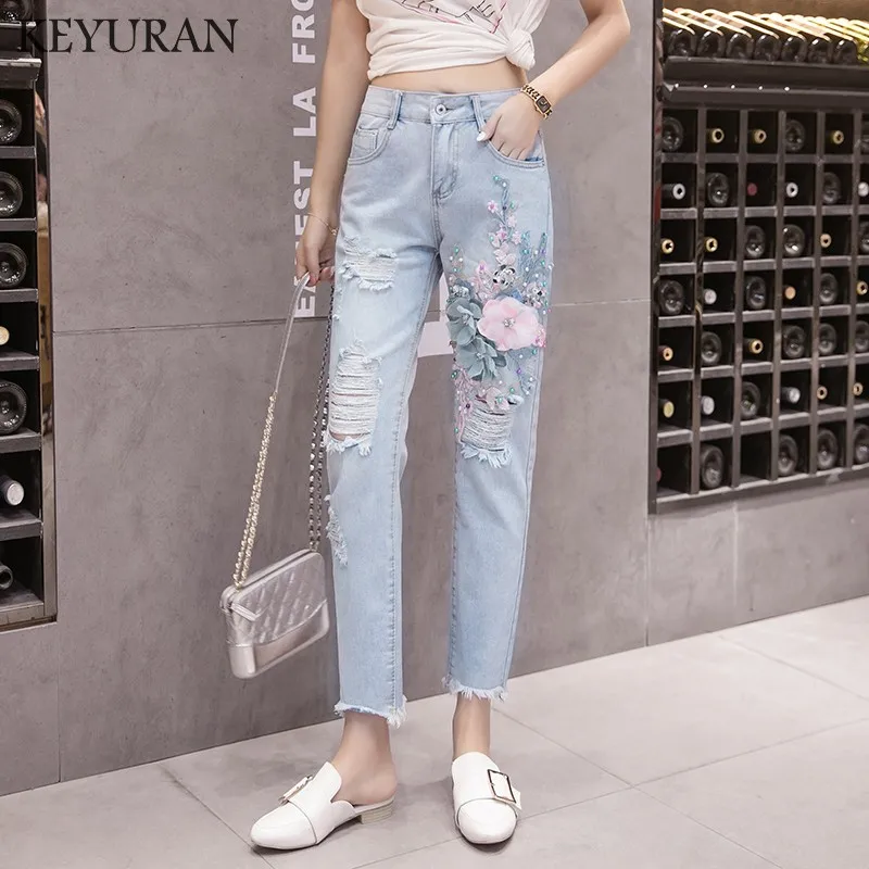 

Embroidery flower Beading Sequined Jeans Women 2019 New Autumn Skinny Jeans Woman Slim Pencil Denim Pants Femme casual trousers