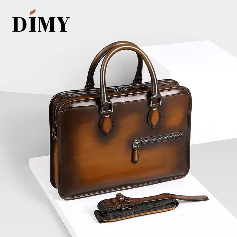 DIMY Handmade Laptop Bags Man's Briefcases Genuine Cow Leather  Business Case Totes Fashion Style Zipper Shoulder Bag For Men