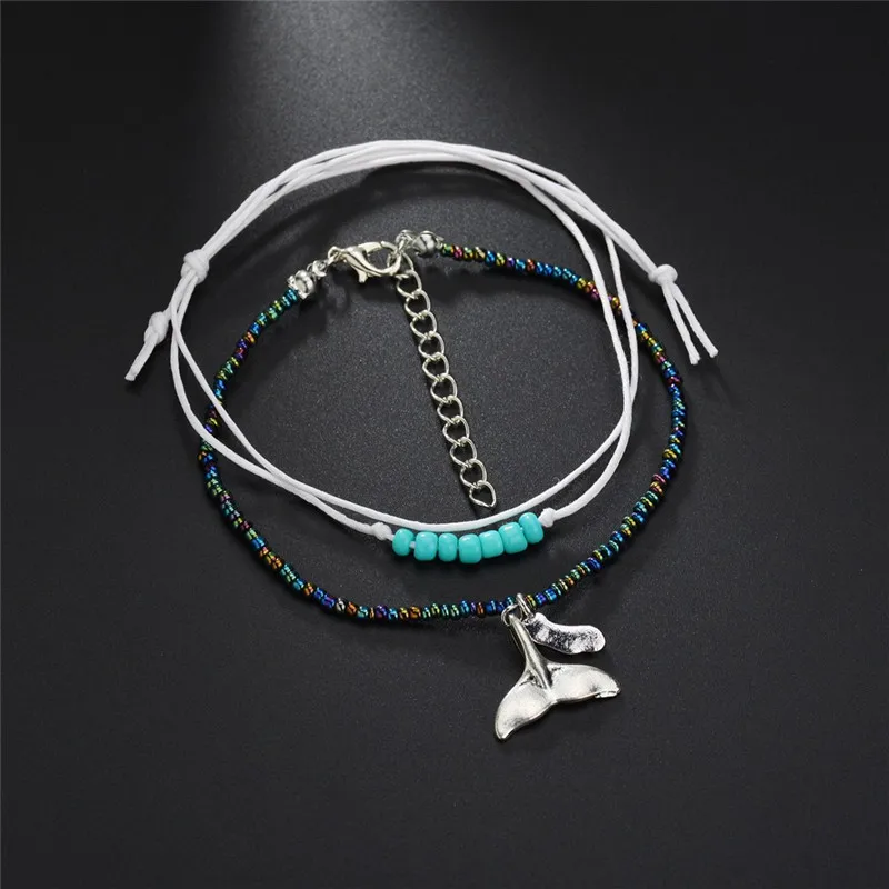 e091fishtail S087 винтажные Многослойные женские браслеты для щиколотки слон Солнечный кулон талисманы Веревка Цепь Пляж Лето ноги ювелирный браслет на лодыжку - Окраска металла: e091fishtail