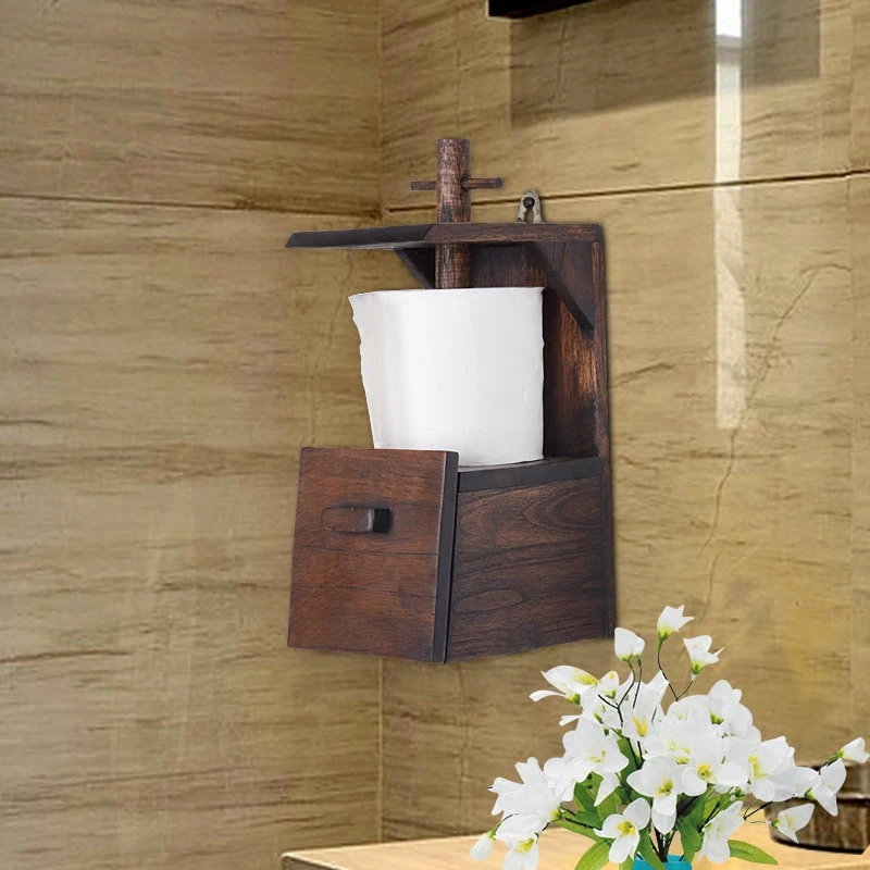 

Thailand imported solid wood retro bathroom creative roll holder paper towel rack shelf kitchen wooden roll holder LO5311015