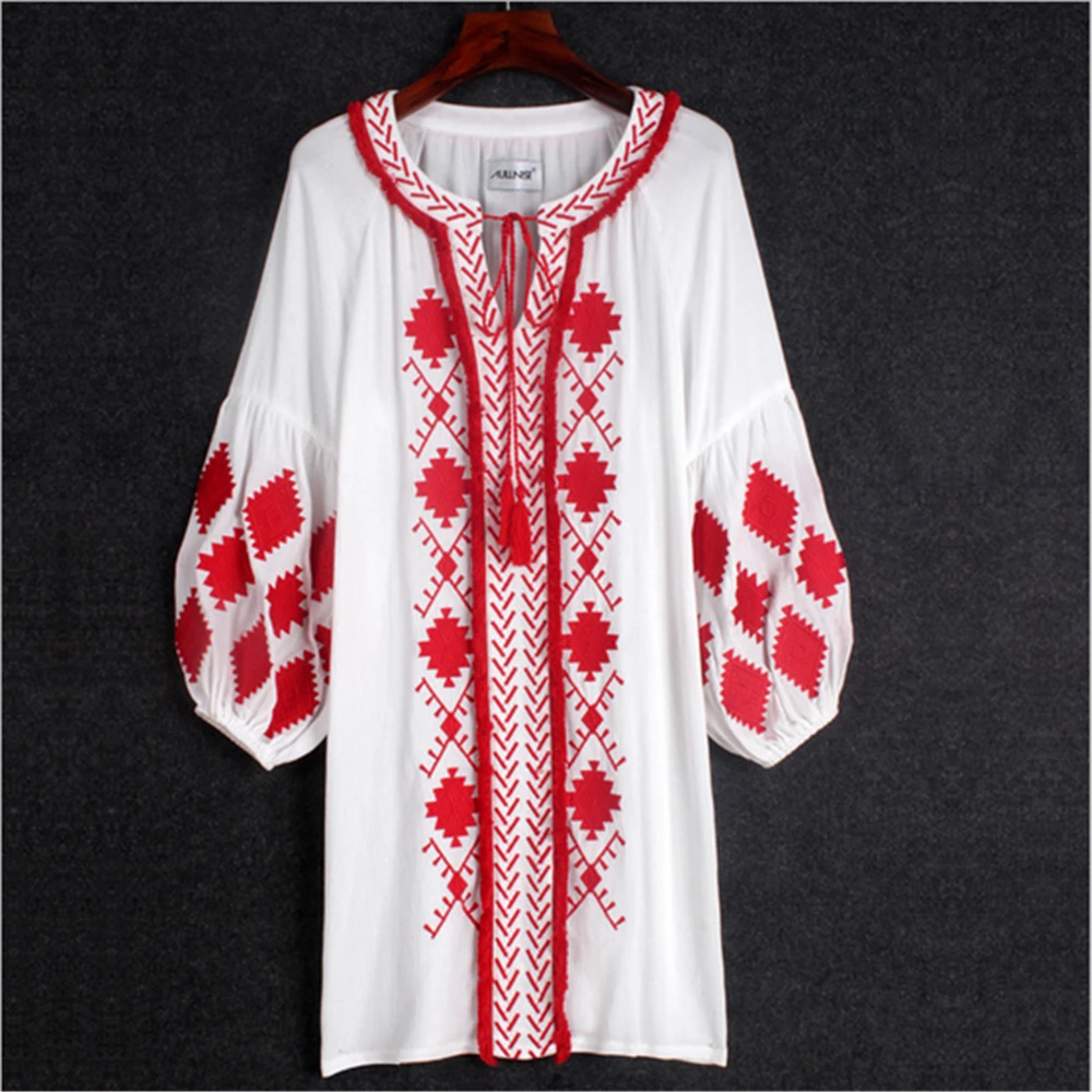 Rozegaga женщин Большого Размера Dress Вышивка Национальный Стиль 100% Хлопок Высокое
