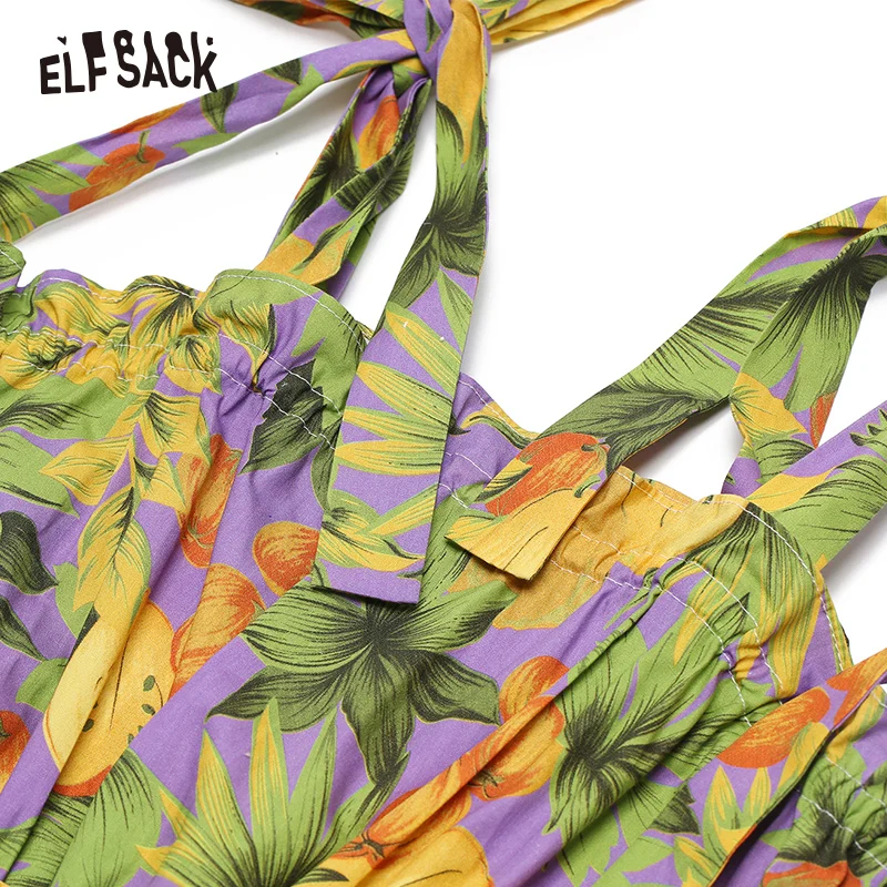 Женское легкое платье ELF SACK, яркое летнее платье с принтами из фруктовых деревьев, легкое и свободное, с высокой талией и открытыми плечами из летней коллекции