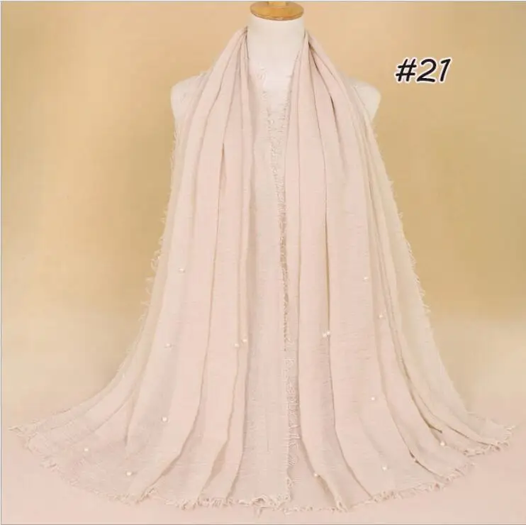 21 beige yellow Мусульманский женский однотонный шарф-хиджаб, Женский хлопковый высококачественный платок с жемчугом, зимние шали 190x100 см - Цвет: 21 beige yellow