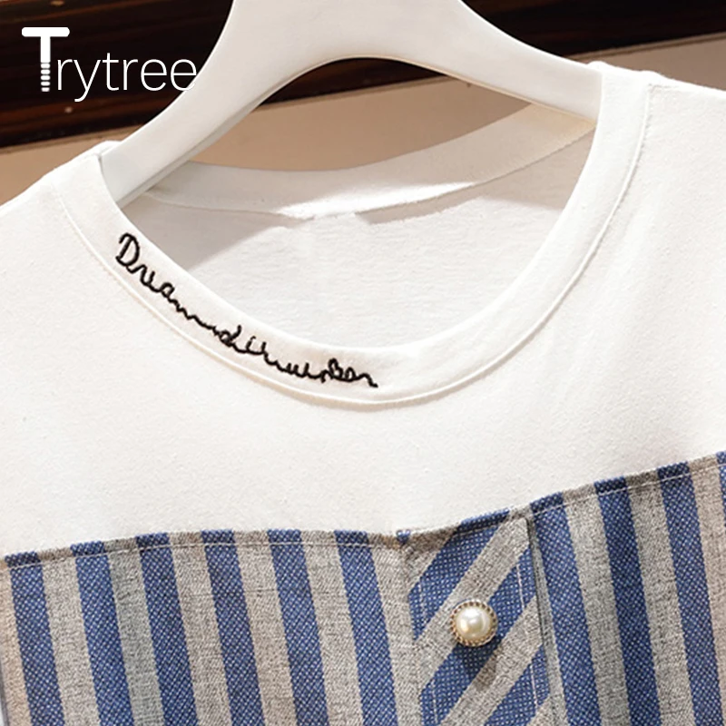 Trytree Summer Dress Women Casual O-Neck A-line Cotton tShirt Patchwork Striped Polyester Belt Pockets Office Lady dress | Женская