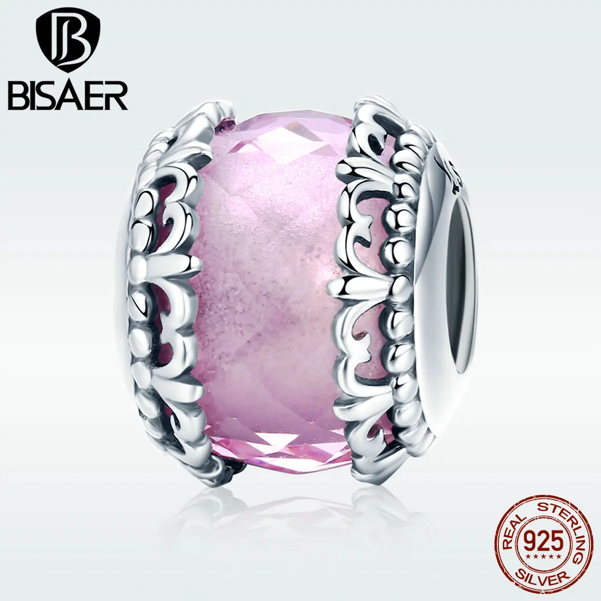 BISAER Genuine 925 Sterling Silver Pink Crystal Lily Flower Iris Brand Beads Charm Women Bracelet Jewelry HSC711 | Украшения и
