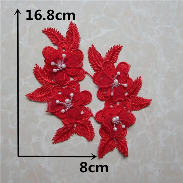 Two pairs red Flower w beaded vintage embroidered patch applique dress clothing sewing accessories Diy decoration | Дом и сад
