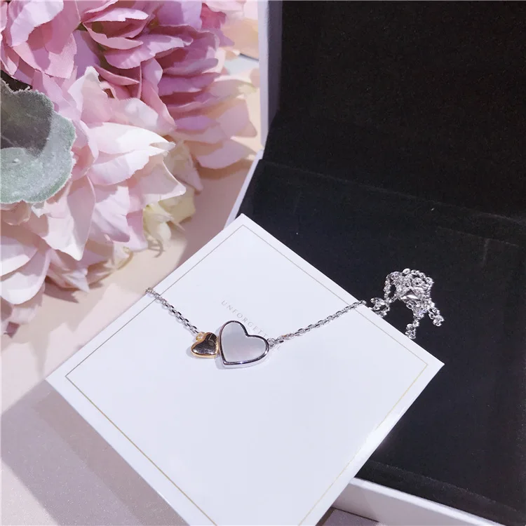 

2019 New Arrival Fashion Women Romantic Designer Double Hearts Pendant Real 925 Sterling Silver Chain Necklace