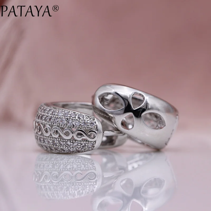 PATAYA New Natural Zircon Hollow Dangle Earrings Women Fine Noble Fashion Jewelry White Gold Wedding Party Round Unique Earrings