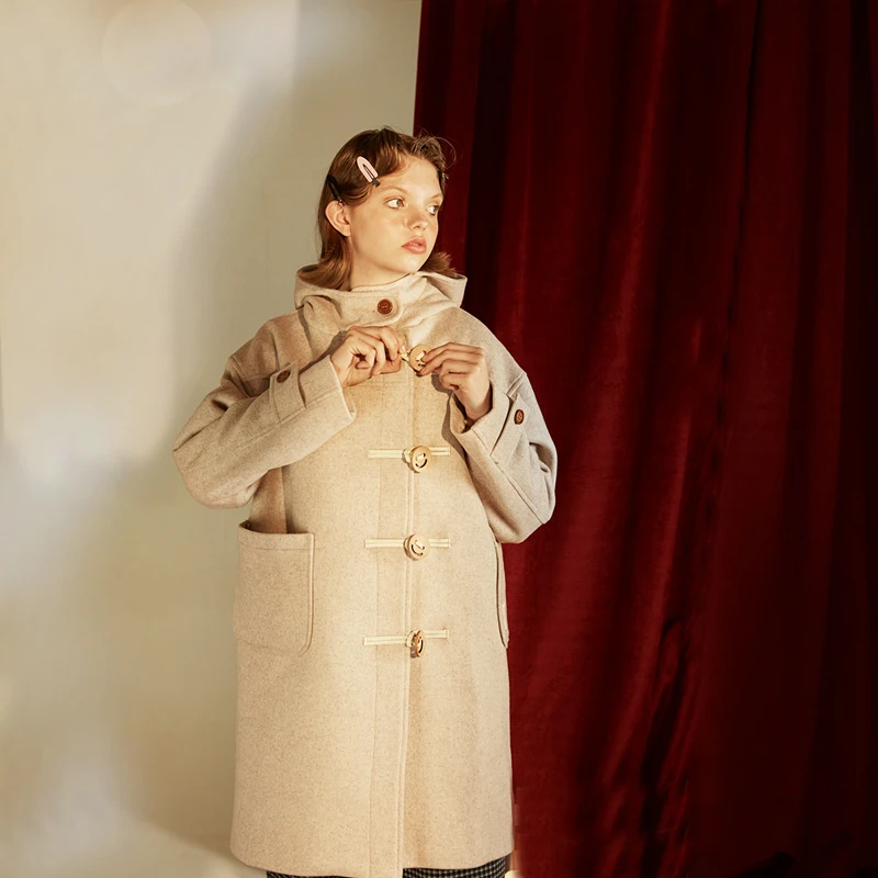 Женское повседневное шерстяное пальто длинное с капюшоном и пряжкой в стиле