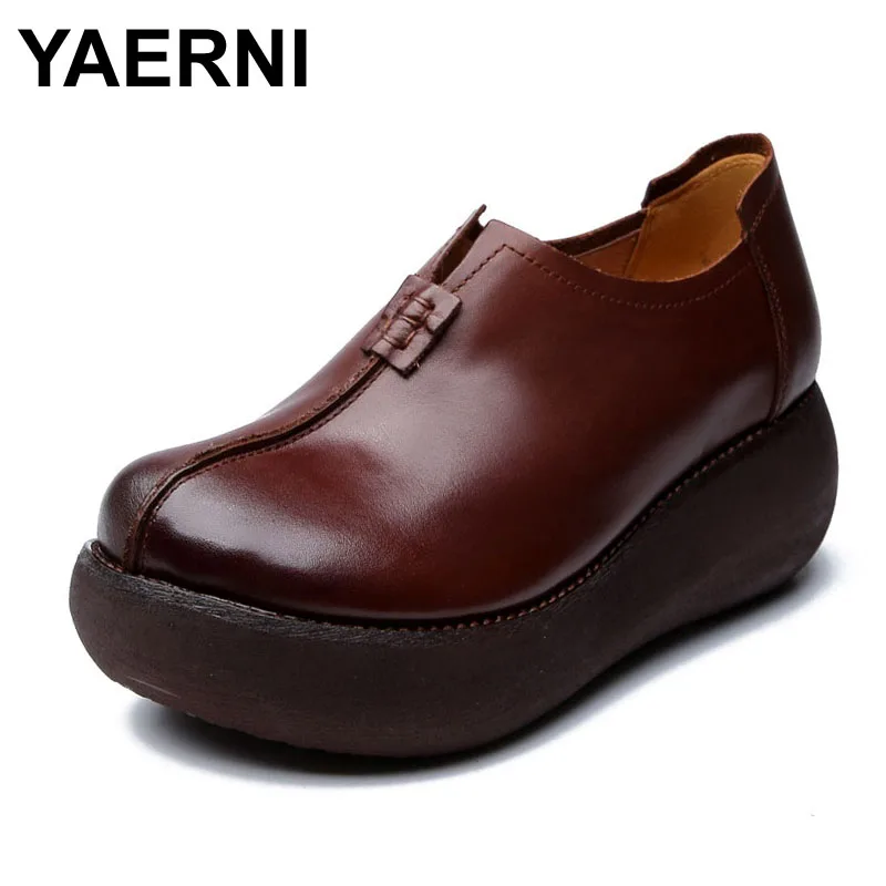 

YAERNI 2019 Genuine Cow Leather Flats Heel Shoes Women Flat Platform Shoes Vintage Handmade Round Toe Slip On Women Shoes