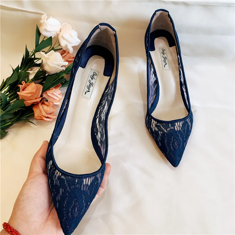 

Free shipping fashion women Pumps brand new Casual Designer navy blue mesh lace point toe high heels party shoes 12cm 10cm 8cm