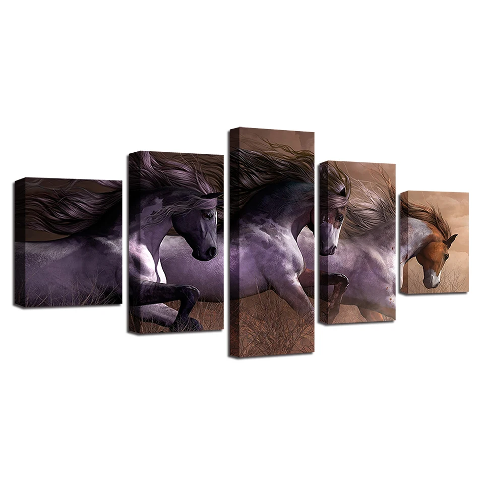 Modern Canvas Paintings Living Room Wall Art Modular HD Prints Pictures 5 Pieces Animal Horses Race Posters Home Decor Framework | Дом и сад