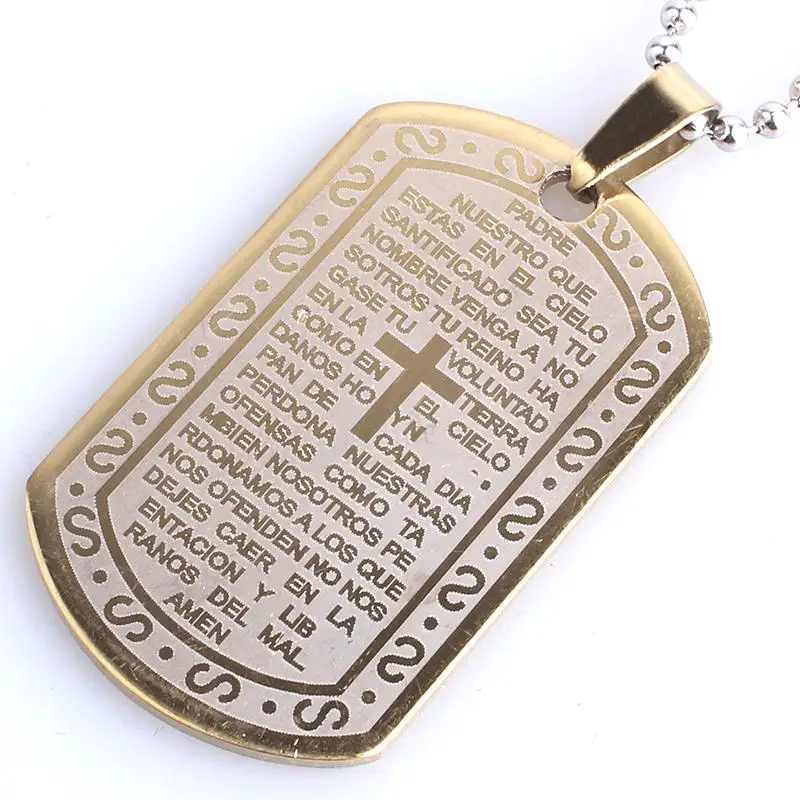 Золотой цвет Квадратные бирки Библейский крест 316L нержавеющая сталь кулон